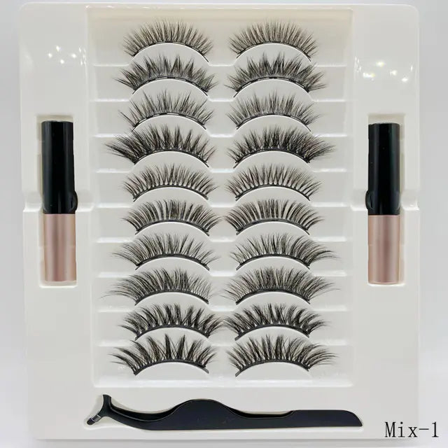 10-Pair Magnetic Eyelash Kit with Eyeliner & Tweezers